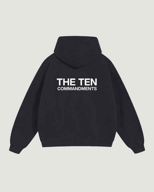 The Ten Hoodie in black, Roman numerals I to X back print